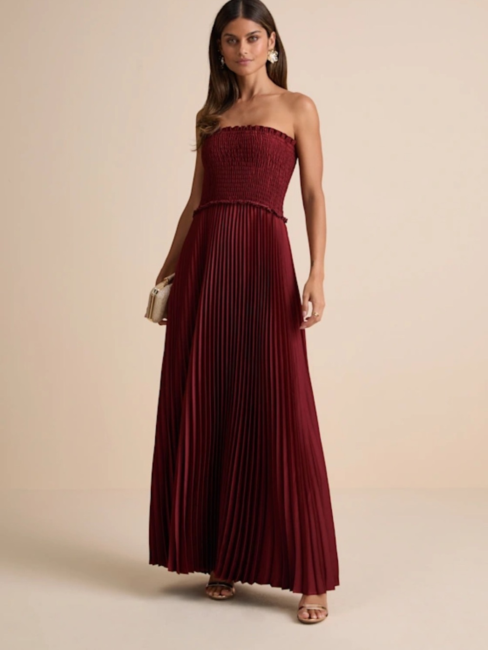 Lulu's Strapless Pleated Maxi Dress in Burgundy